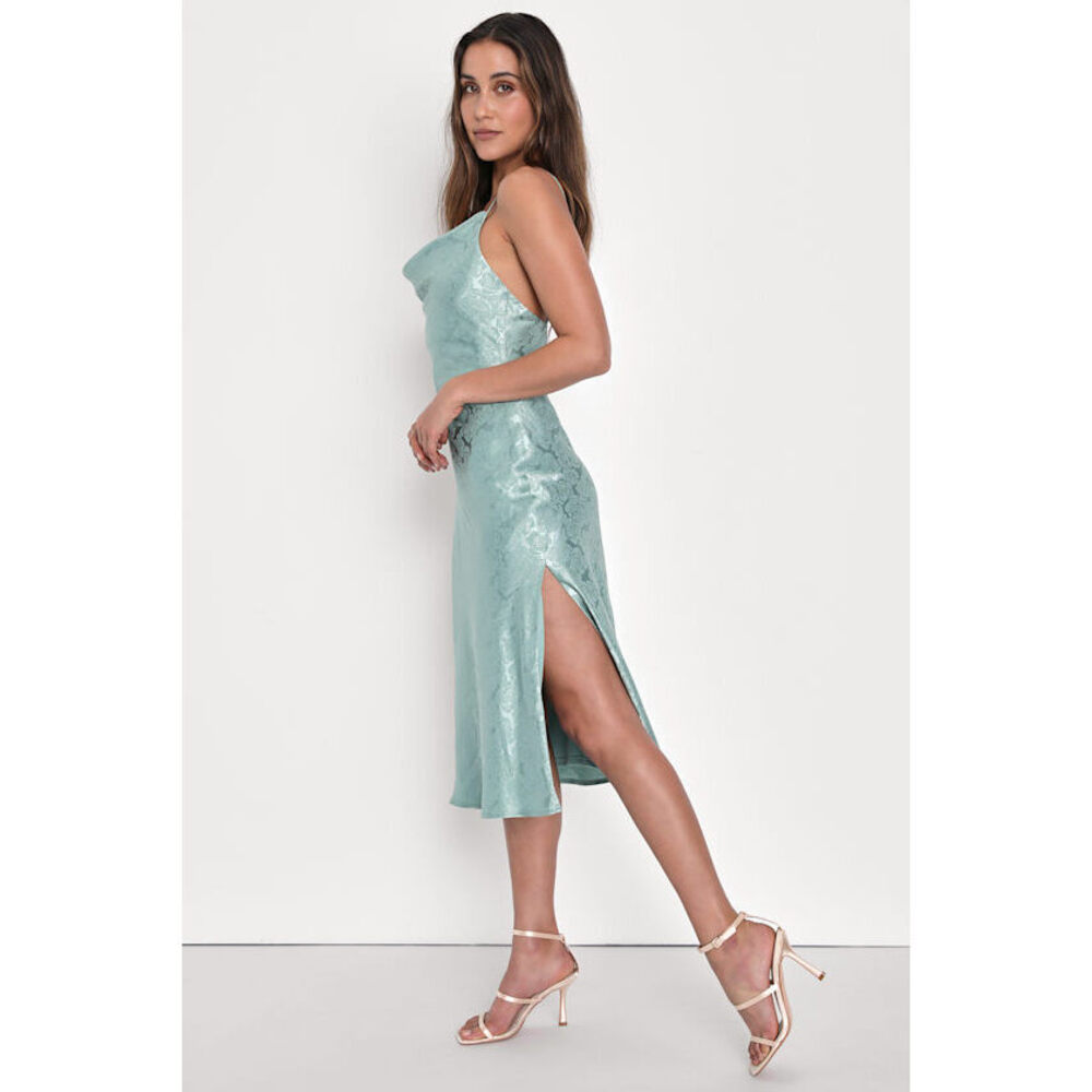 Lulus You're My Type Dusty Sage Satin Jacquard Midi Slip Dress Green - Size S